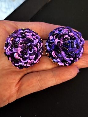 Handcrafted Purple Sequin Flower Clip-On Earrings - Women Jewelry